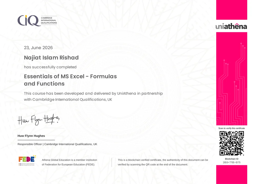 Essentials of MS Excel Formulas and Functions certificate